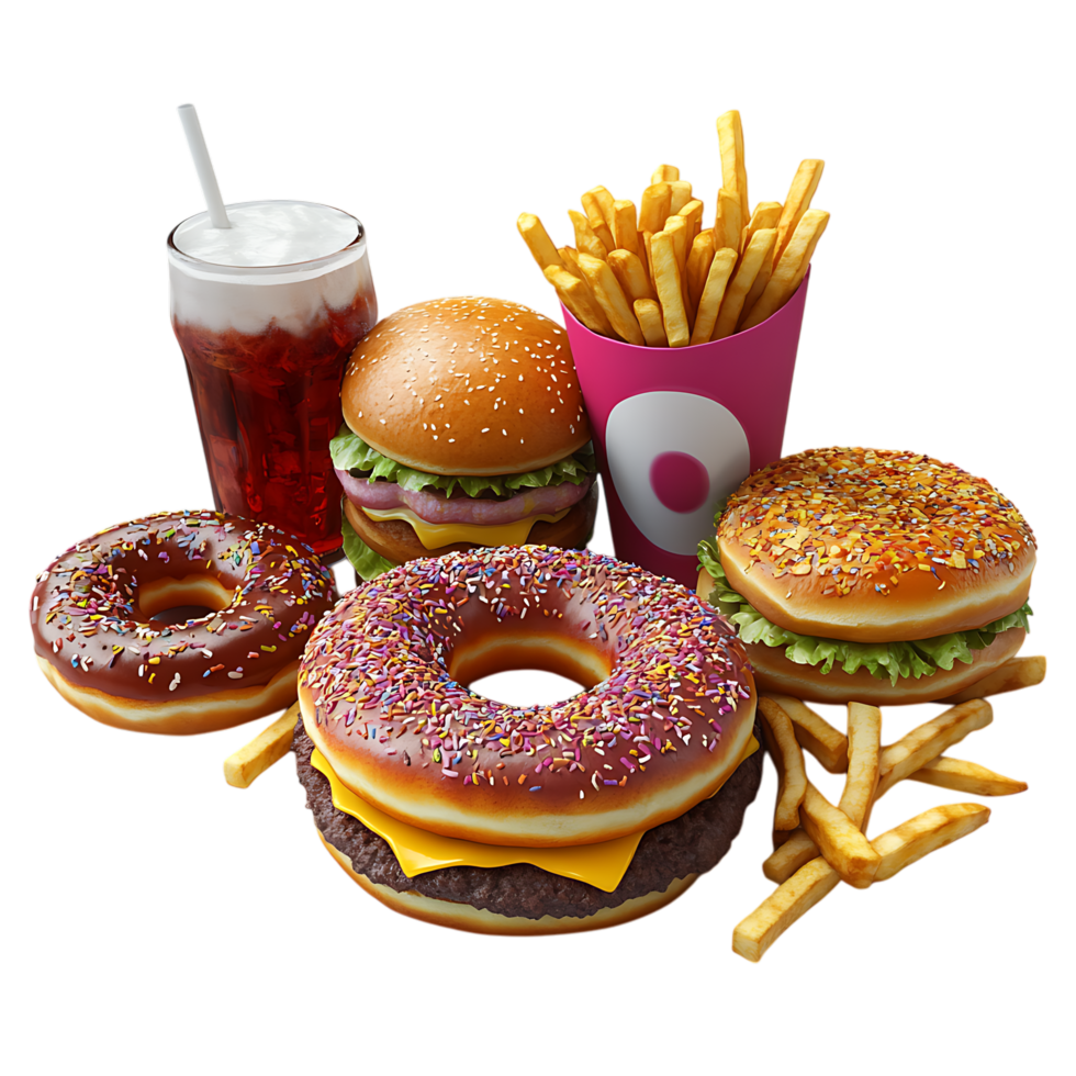 3D Cheeseburger, French Fries, and Cola for Quick-Service Branding png