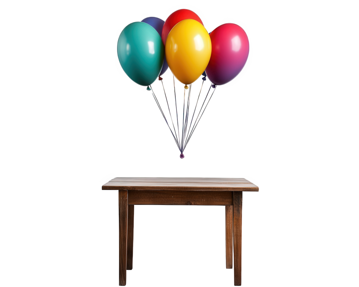 whimsical arrangement of colorful balloons floating above wooden table, creating cheerful and festive atmosphere. Perfect for celebrations and events png