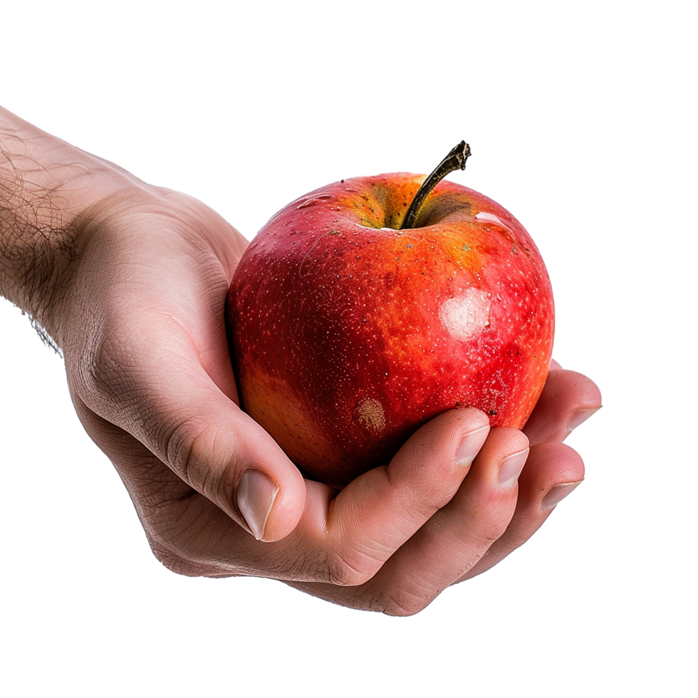 A hand gently cradles a ripe red apple against a white background png