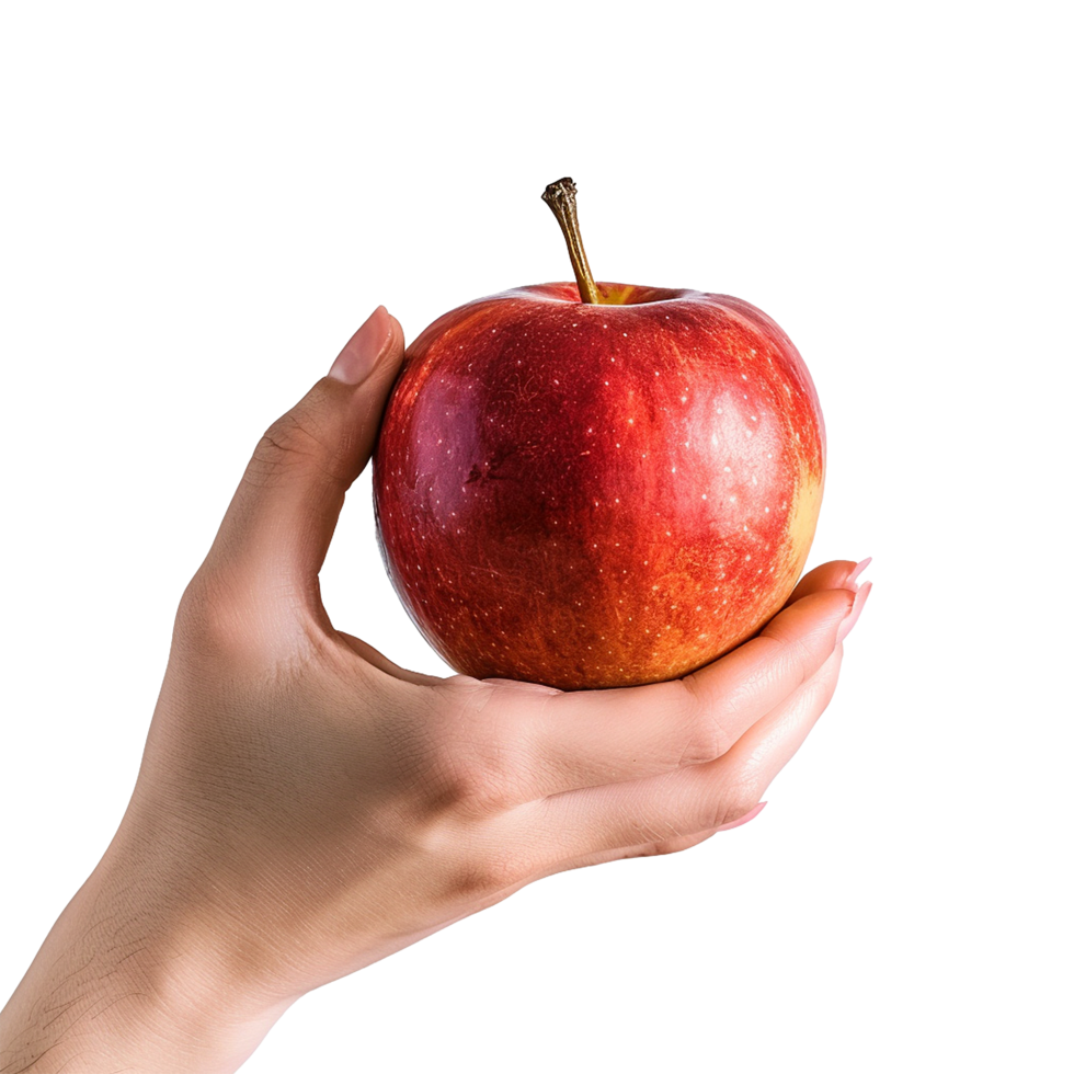 hand gently holding a ripe red apple against a white background png