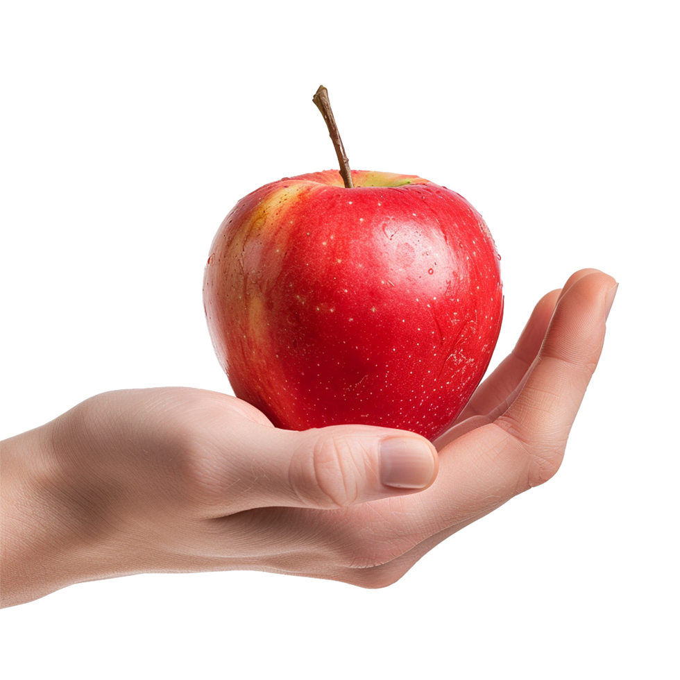 A Red Apple Held Gently in a Person's Hand A Closeup Image of a Fresh Fruit png