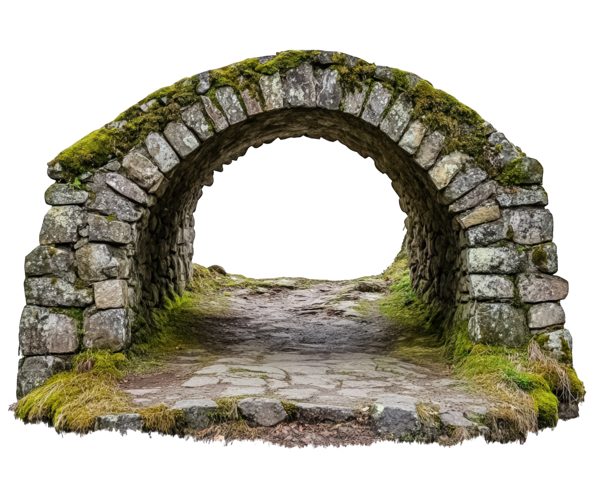 historic stone arch bridge with moss covered edges, surrounded by lush greenery, invites exploration and evokes sense of tranquility png