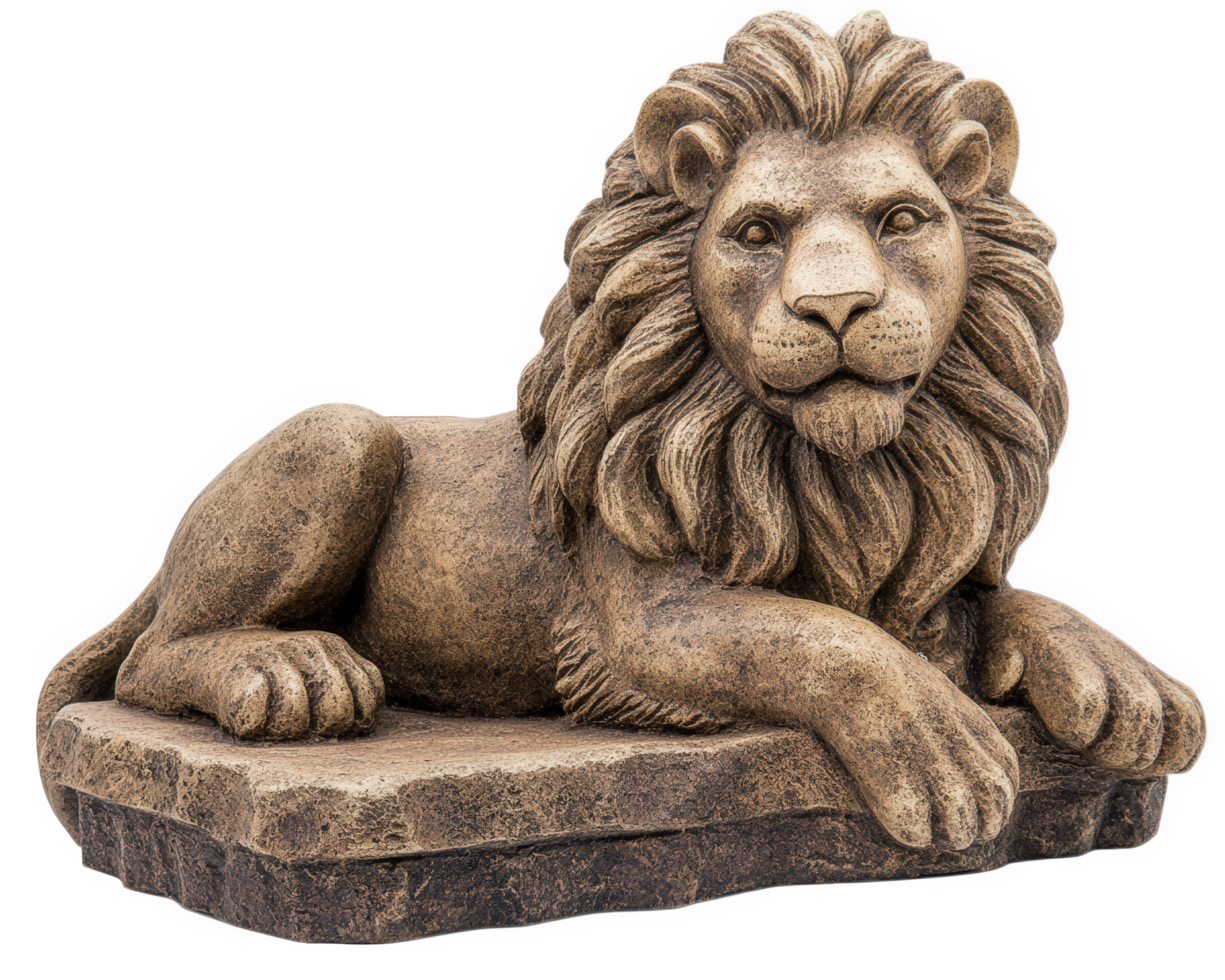 Majestic stone lion statue resting on rock, showcasing intricate details and regal expression. Perfect for garden decor or as striking centerpiece png