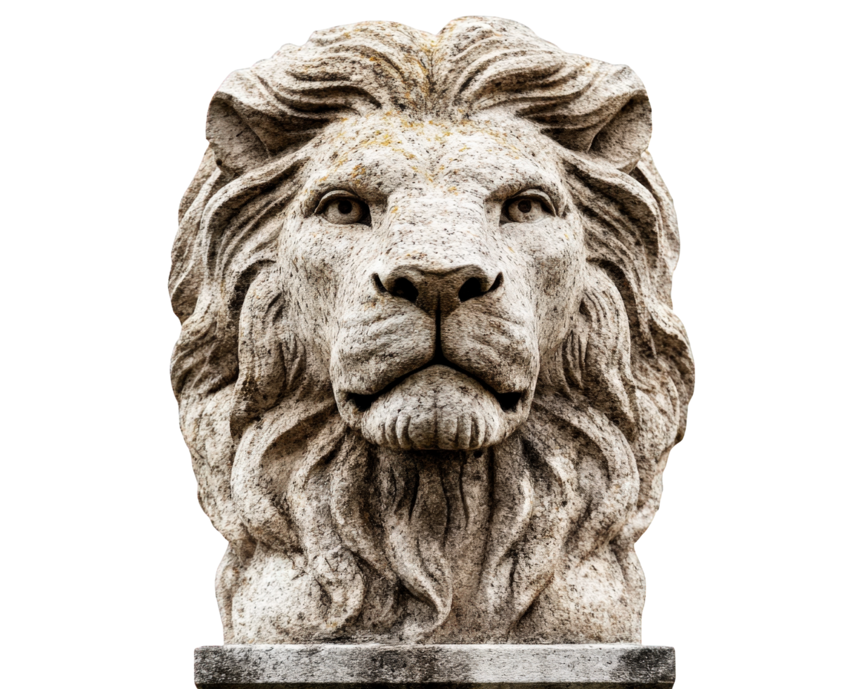 Majestic stone lion statue with detailed mane and fierce expression, isolated on transparency background, symbolizing strength and courage png