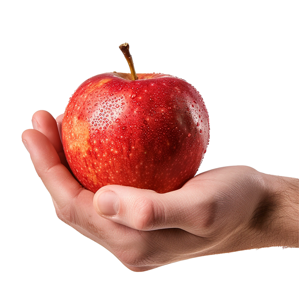 A perfectly ripe red apple held gently in a human hand showcasing its vibrant color and water droplets png