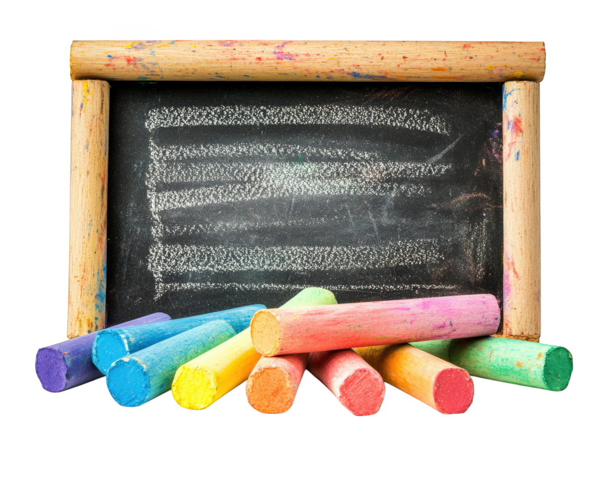 Colorful chalks arranged beside chalkboard, perfect for creative play and learning. vibrant colors invite artistic expression and fun in educational settings png