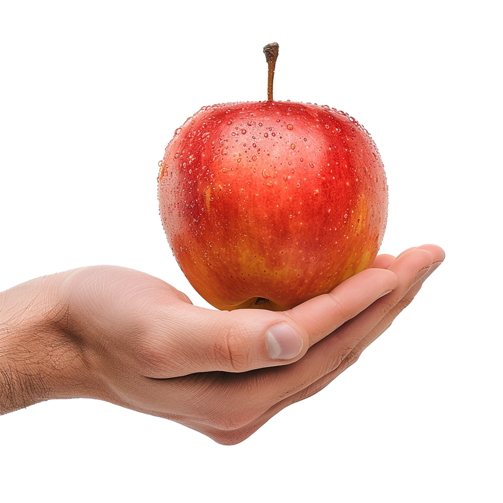 A Fresh Red Apple Held Gently in a Man's Hand Against a White Background png