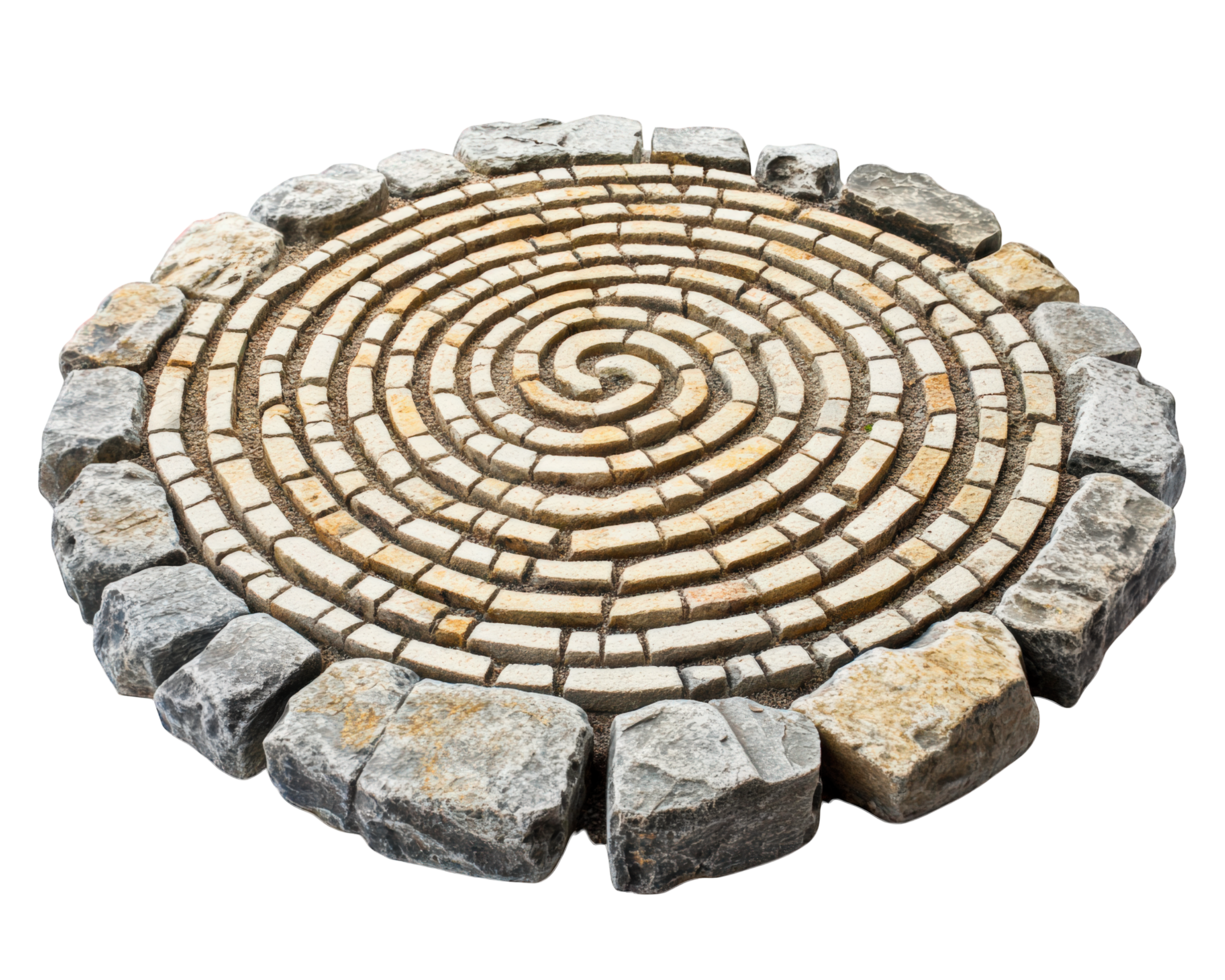 Intricate stone labyrinth design with circular pattern, isolated on transparency background, showcasing artistic craftsmanship and natural materials png