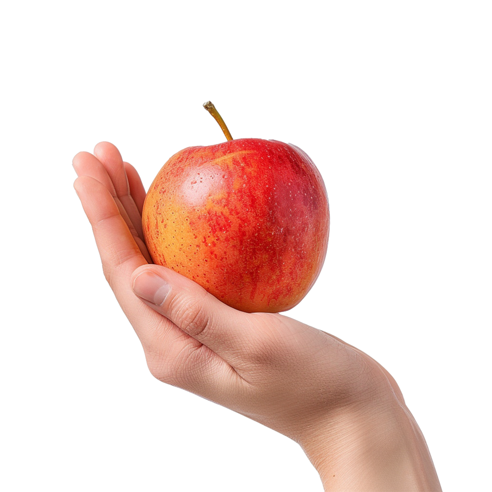hand gently holding ripe red apple against a white background png