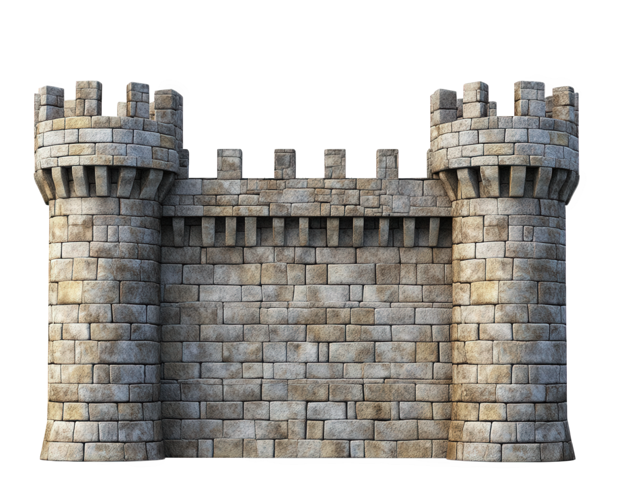 historic stone castle wall with towers, showcasing medieval architecture and sturdy construction. texture and details evoke sense of strength and history png