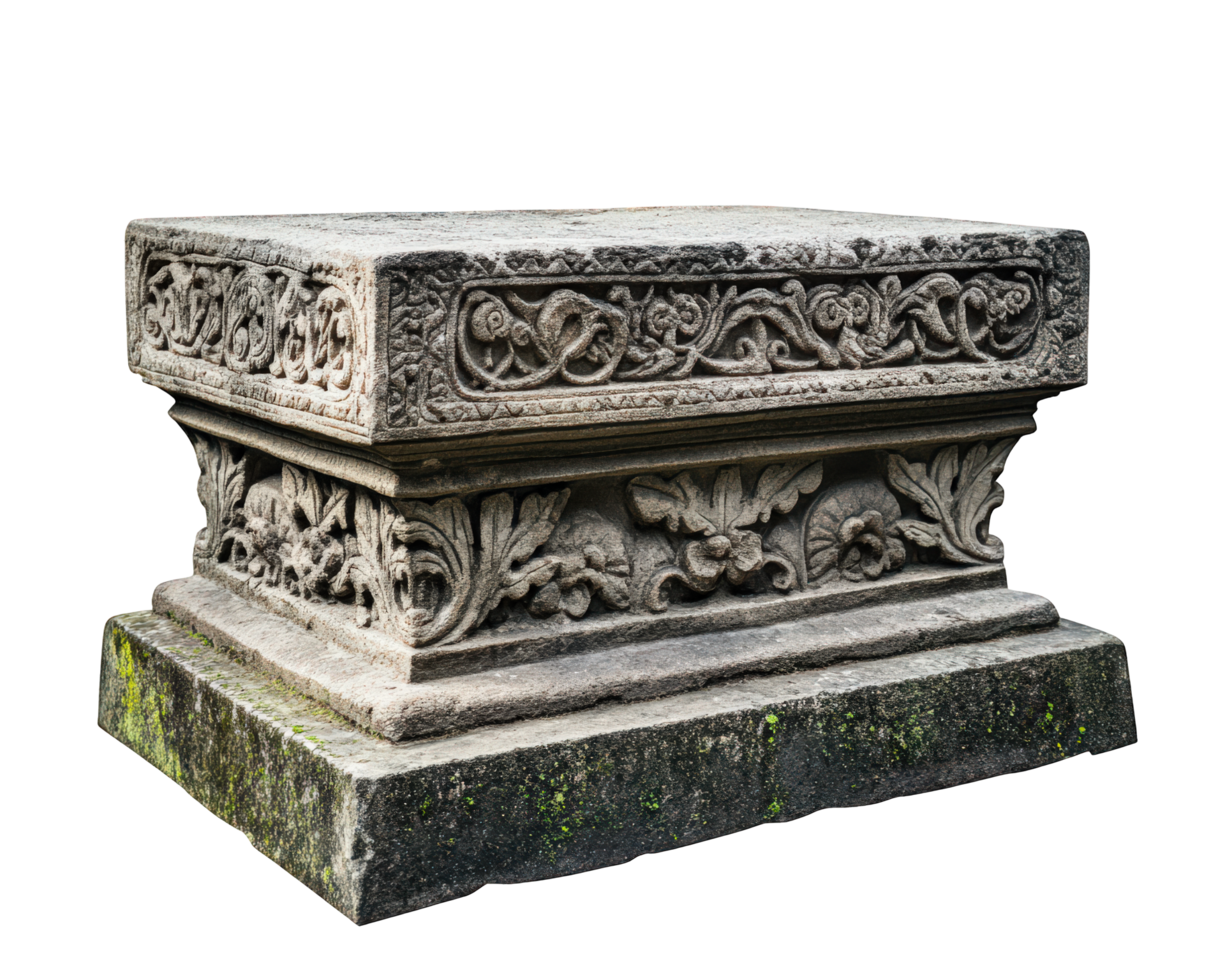 Ancient stone monument with intricate carvings, showcasing historical artistry and craftsmanship. This isolated structure evokes sense of mystery and reverence png