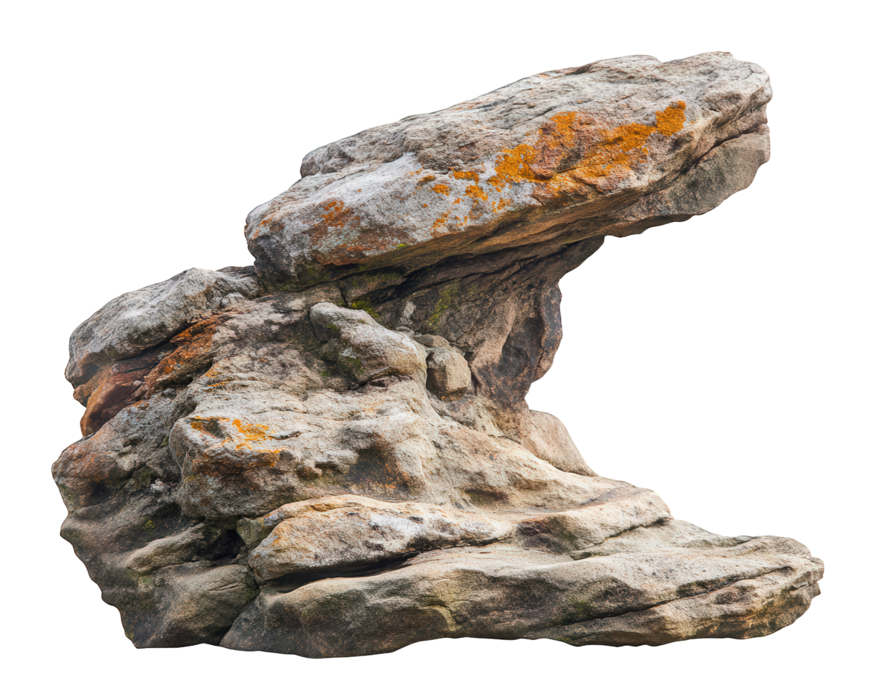 Unique rock formation with textured surface and moss, isolated on transparency background, showcasing natural beauty and geological features png