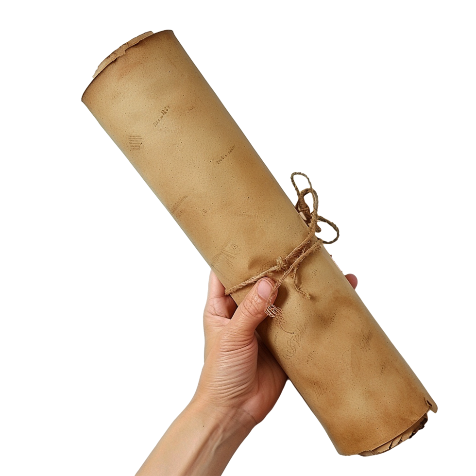 A hand holds an aged parchment scroll tied with twine a vintage document png