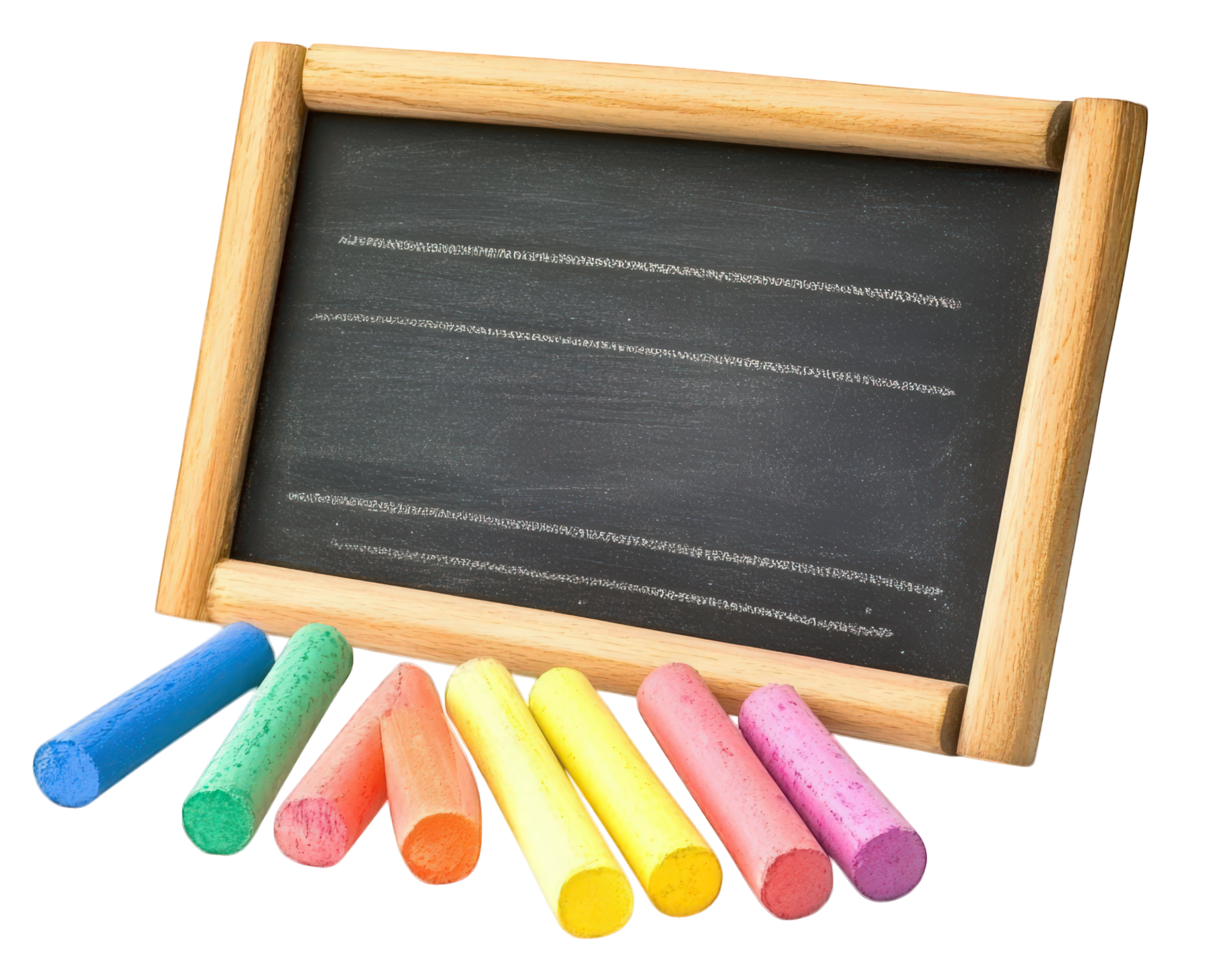 Colorful chalks arranged beside wooden chalkboard, perfect for creative learning and playful activities. Ideal for classrooms or art projects png