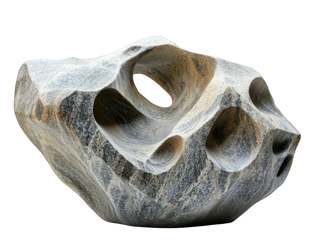 Unique rock sculpture with abstract form, showcasing natural textures and shapes, isolated on transparency background, perfect for artistic displays png