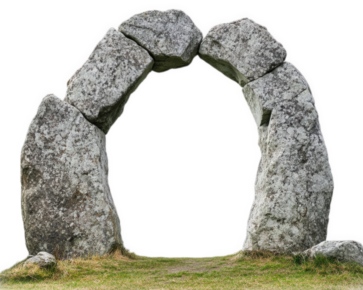 Stone circle monument, mysterious and isolated, stands on grassy terrain, evoking sense of ancient history and wonder. unique structure made of large stones png