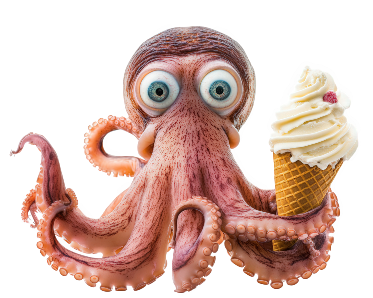 surprised octopus with wide eyes holds giant ice cream cone, showcasing whimsical and playful scene. octopus expression adds fun and humorous touch to image png