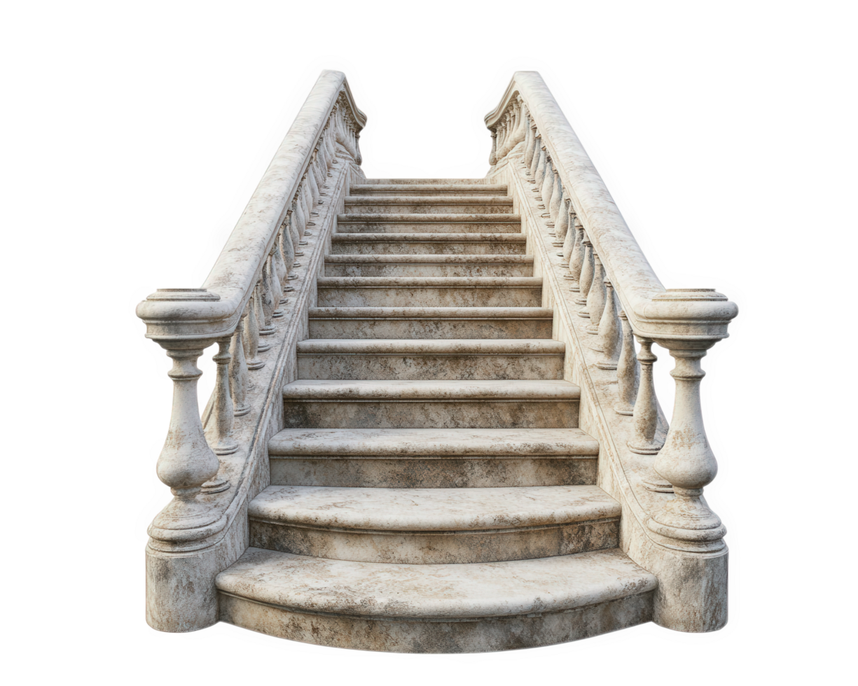 Grand stone staircase leading to nowhere, isolated on transparency background, evokes sense of mystery and elegance. intricate details and weathered texture add character png