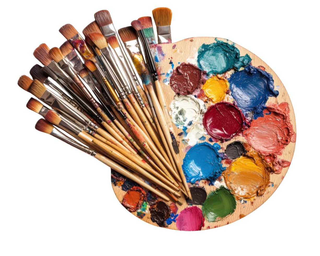 vibrant assortment of paintbrushes and palettes arranged artistically, showcasing variety of colors and textures. Perfect for artists and creative enthusiasts png