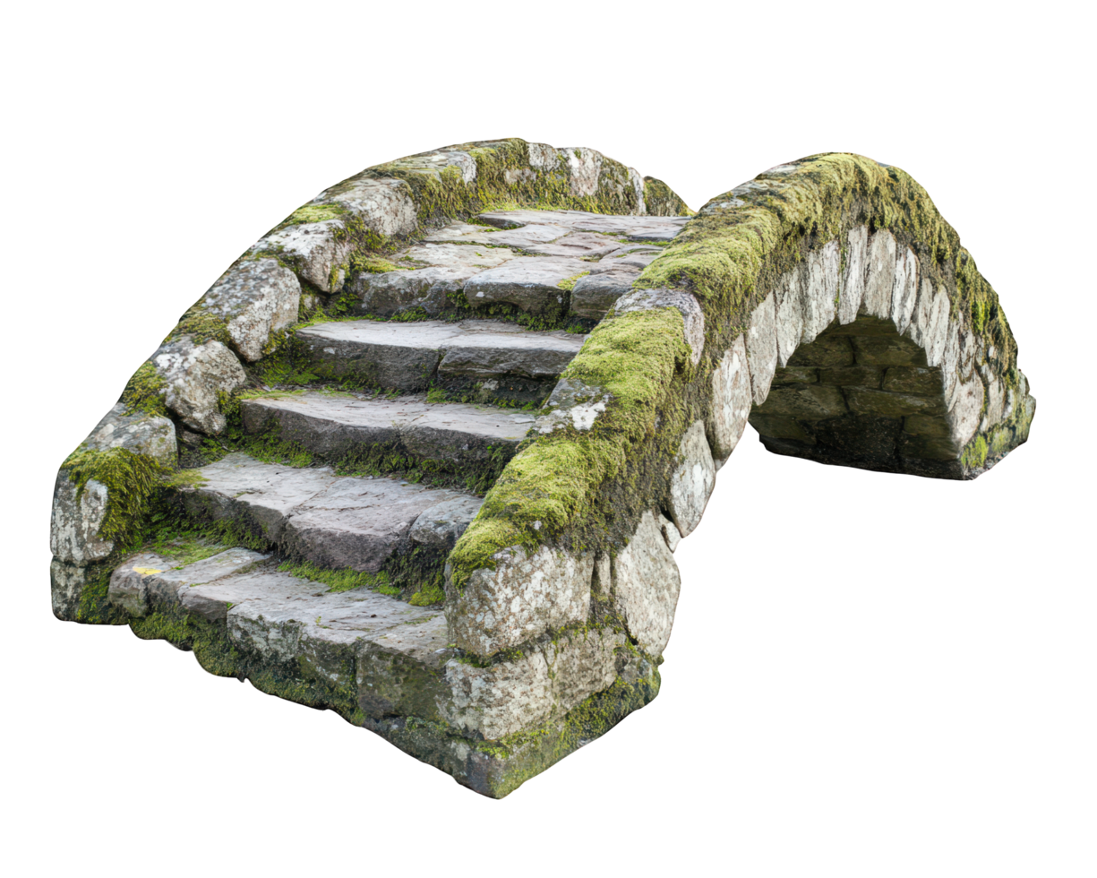 historic stone arch bridge with moss covered edges, featuring steps leading across. This charming structure blends nature and architecture beautifully png