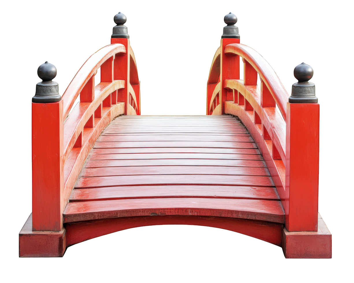 classic red Japanese garden bridge with elegantly curved design, perfect for enhancing serene landscapes and creating tranquil atmosphere png