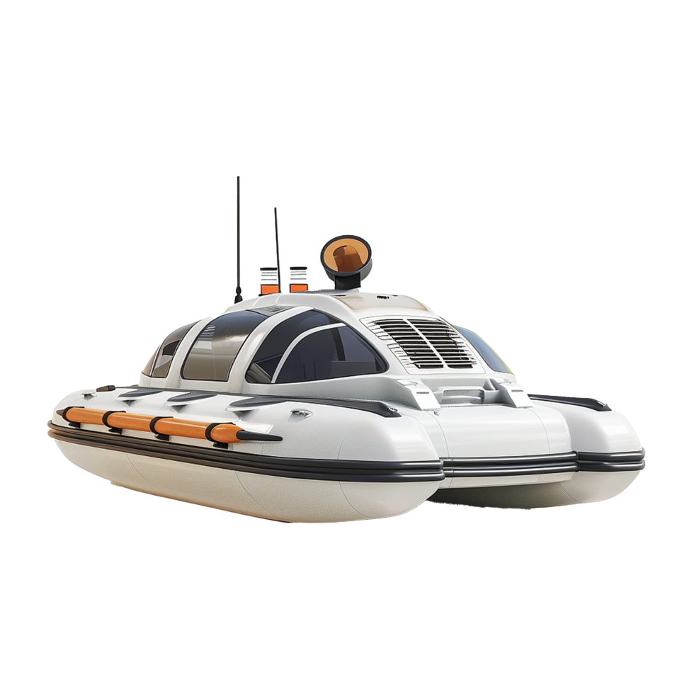 Futuristic White Hovercraft Boat Design with Orange Safety Features png