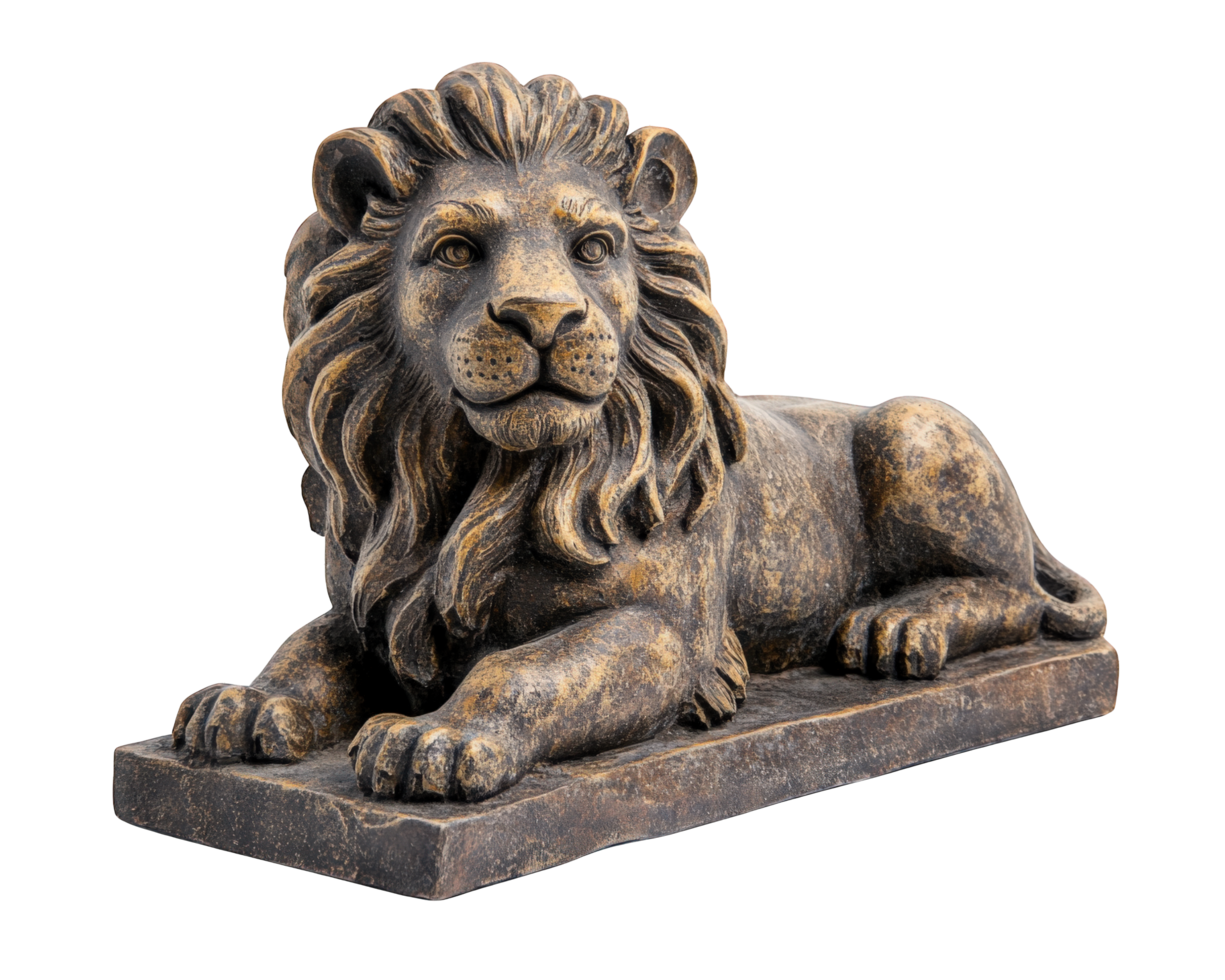 Majestic stone lion statue resting on base, showcasing intricate details and regal expression. Perfect for garden or decorative use png