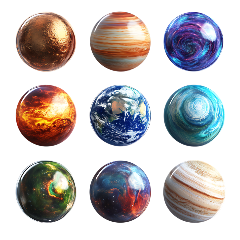 Nine Alien and Earth-Like Planets for Astronomy and Sci-Fi Designs png