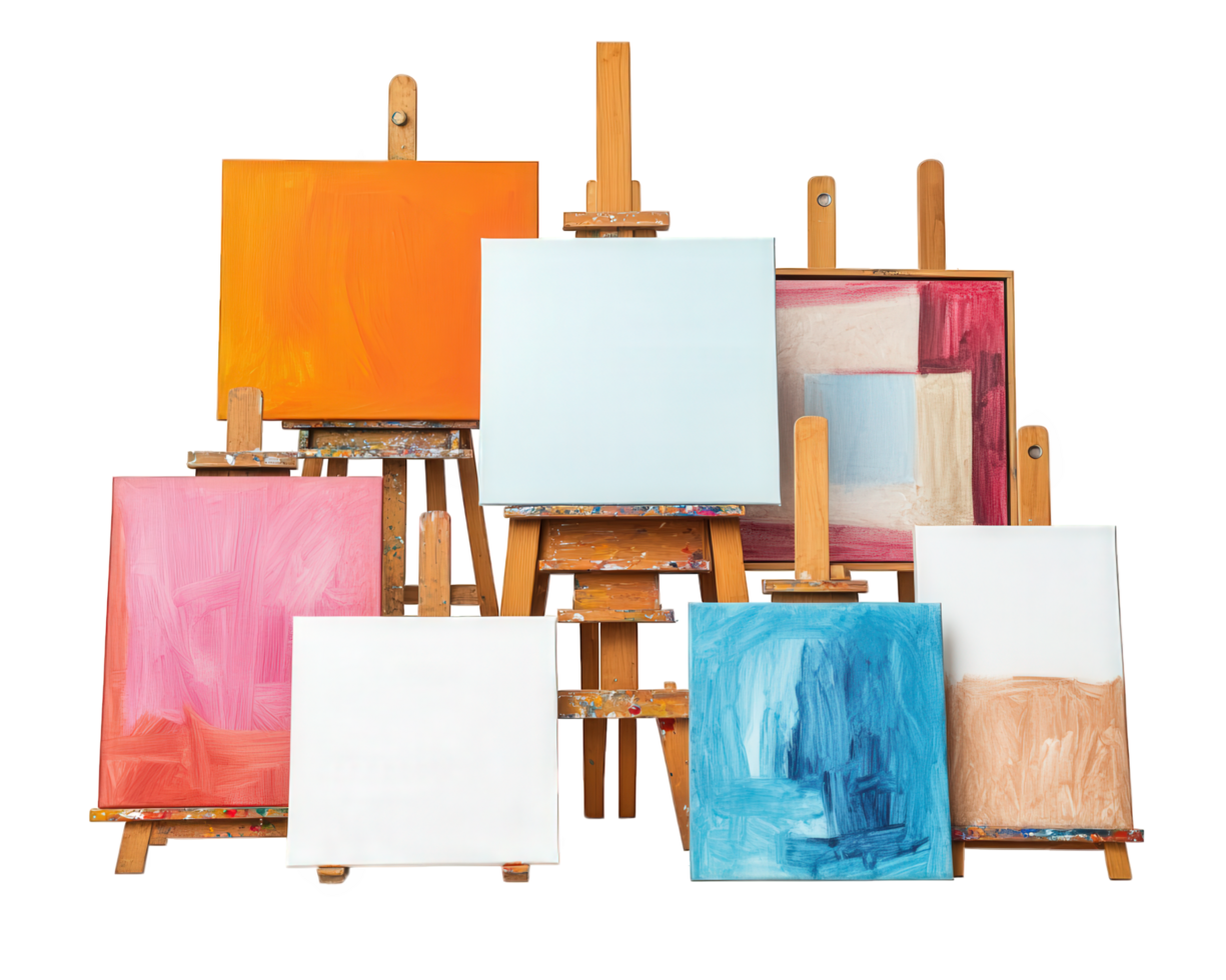 variety of art canvases and easels set up for painting, showcasing vibrant colors and blank spaces ready for creativity. This setup inspires artistic expression and creativity png
