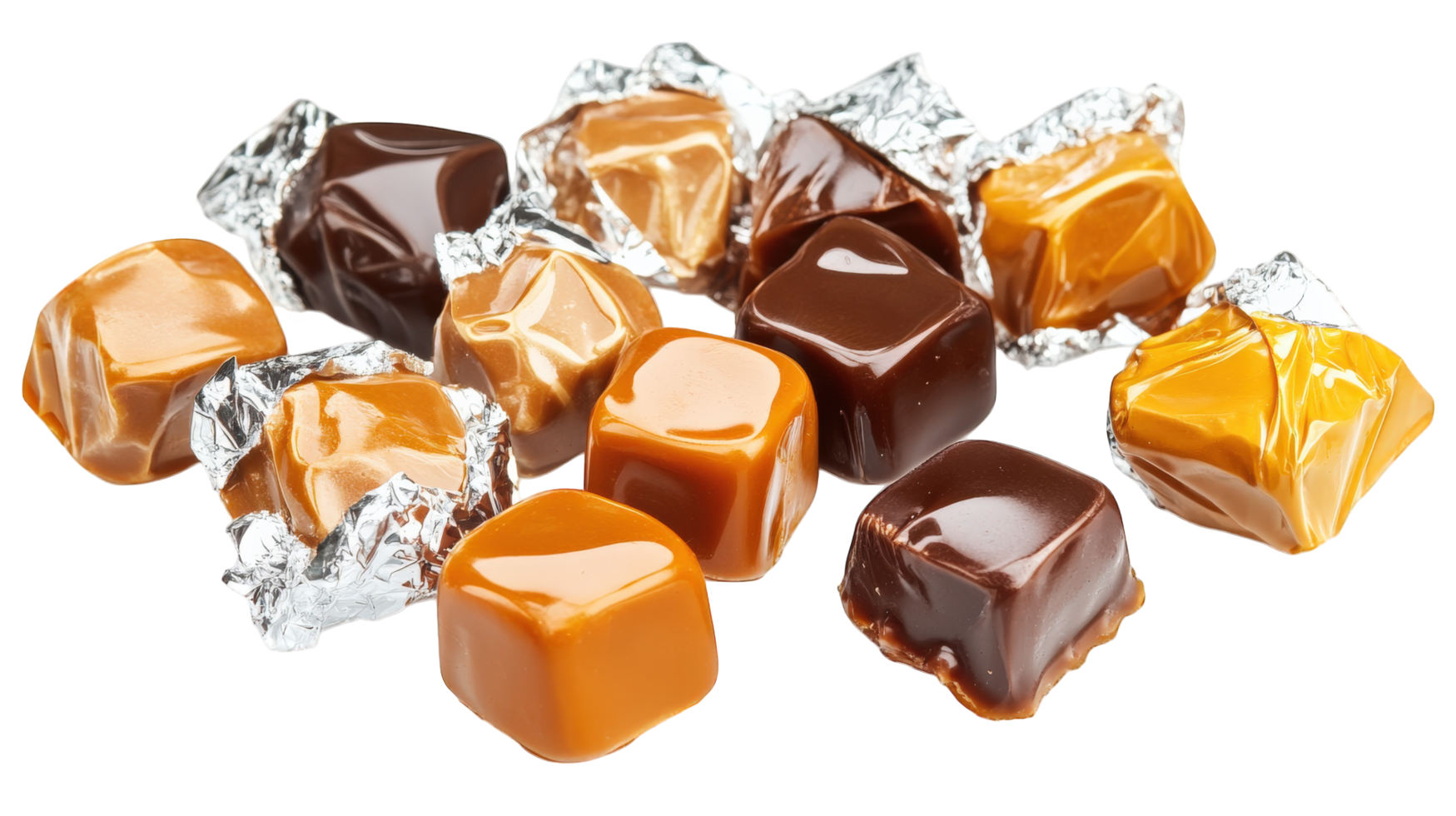 Delicious assortment of caramel toffees wrapped in shiny foil, showcasing variety of flavors and textures that evoke sense of indulgence and sweetness png