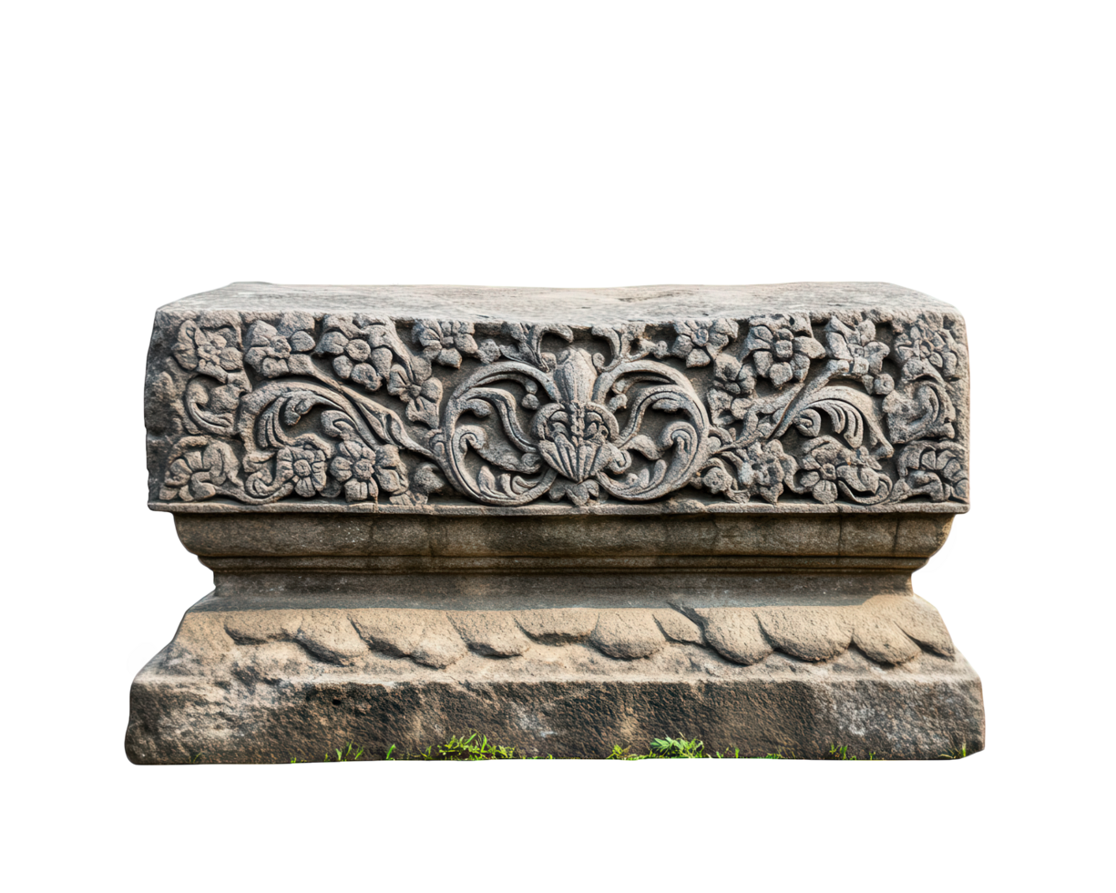 Ancient stone monument with intricate carvings, showcasing detailed floral designs and historical significance, set against natural backdrop png