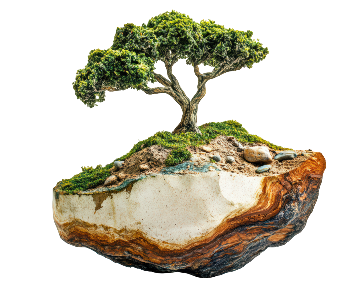 unique earth sculpture featuring tree on floating rock, showcasing natural materials and vibrant greenery. This artistic piece evokes sense of tranquility and connection to nature png
