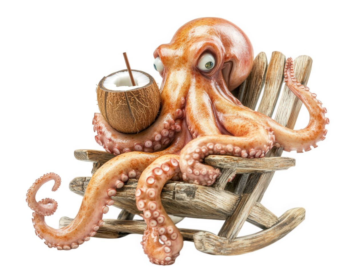 funny octopus lounging on beach chair, sipping coconut drink, enjoying sunny day. This whimsical scene captures playful spirit of summer relaxation png