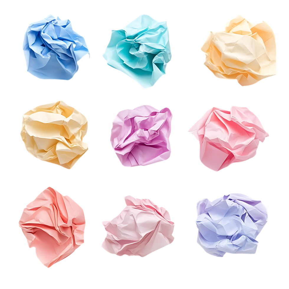 Pack Nine Pastel Colored Crumpled Paper Scraps on Transparent Background for Paper Texture Overlays png
