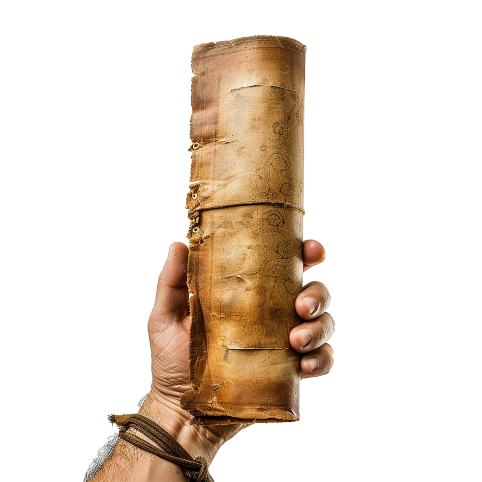 A weathered ancient scroll held in a hand showing age and history png