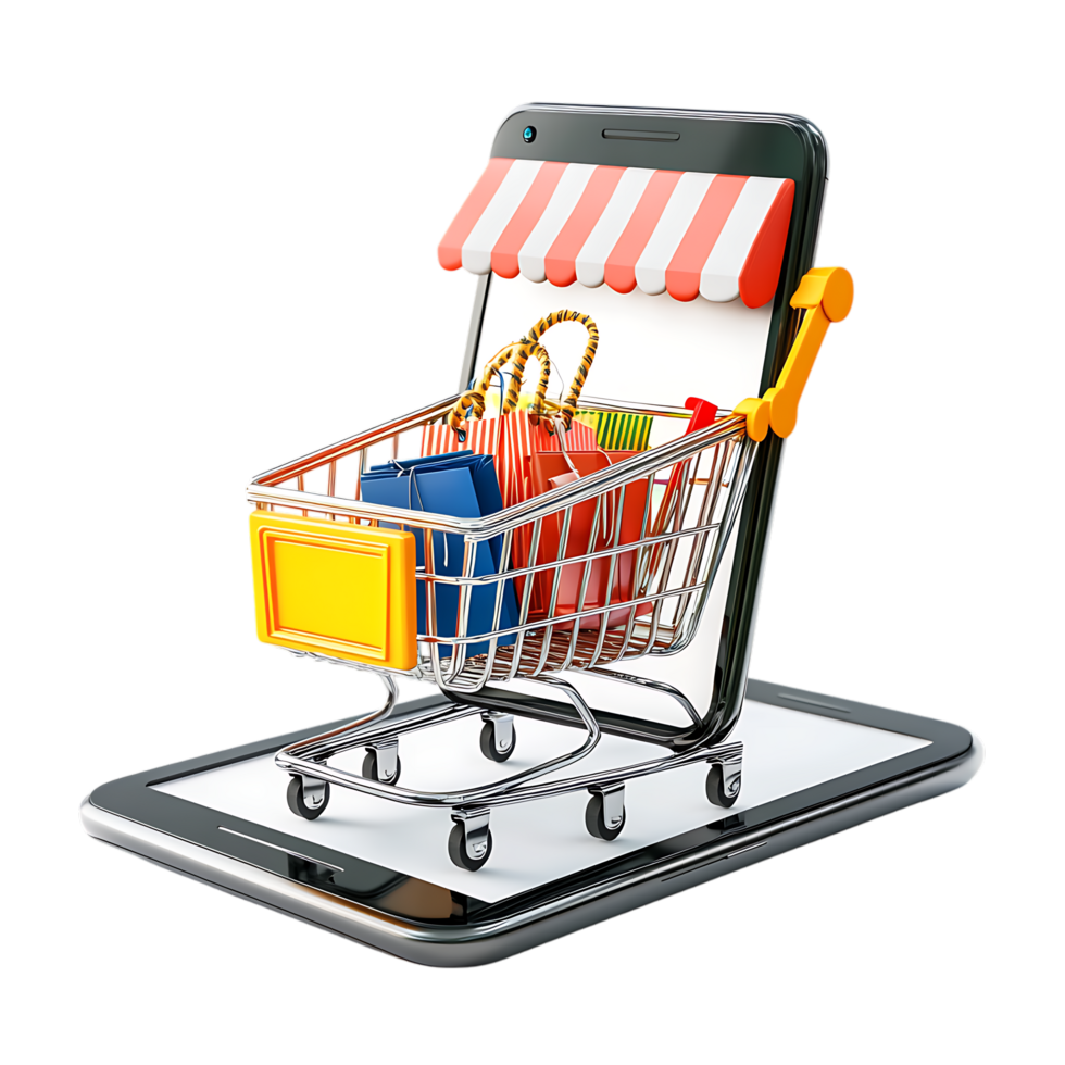 Pack Online Shopping Concept with Mobile Storefront on Transparent Background for SEO and Online Traffic Campaigns png