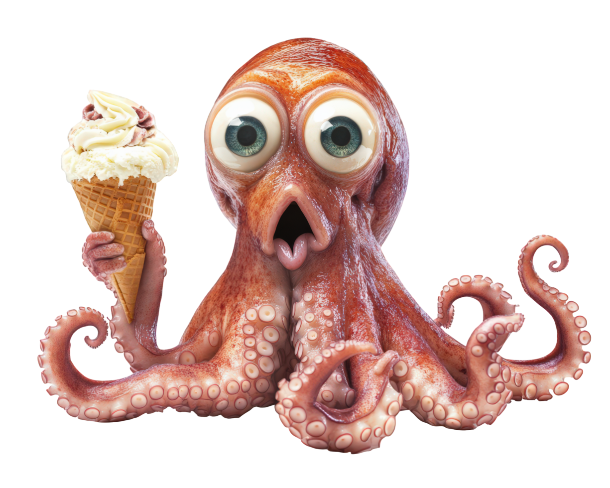 Surprised octopus with wide eyes holding giant ice cream cone, showcasing whimsical and playful expression. Perfect for fun and creative themes png