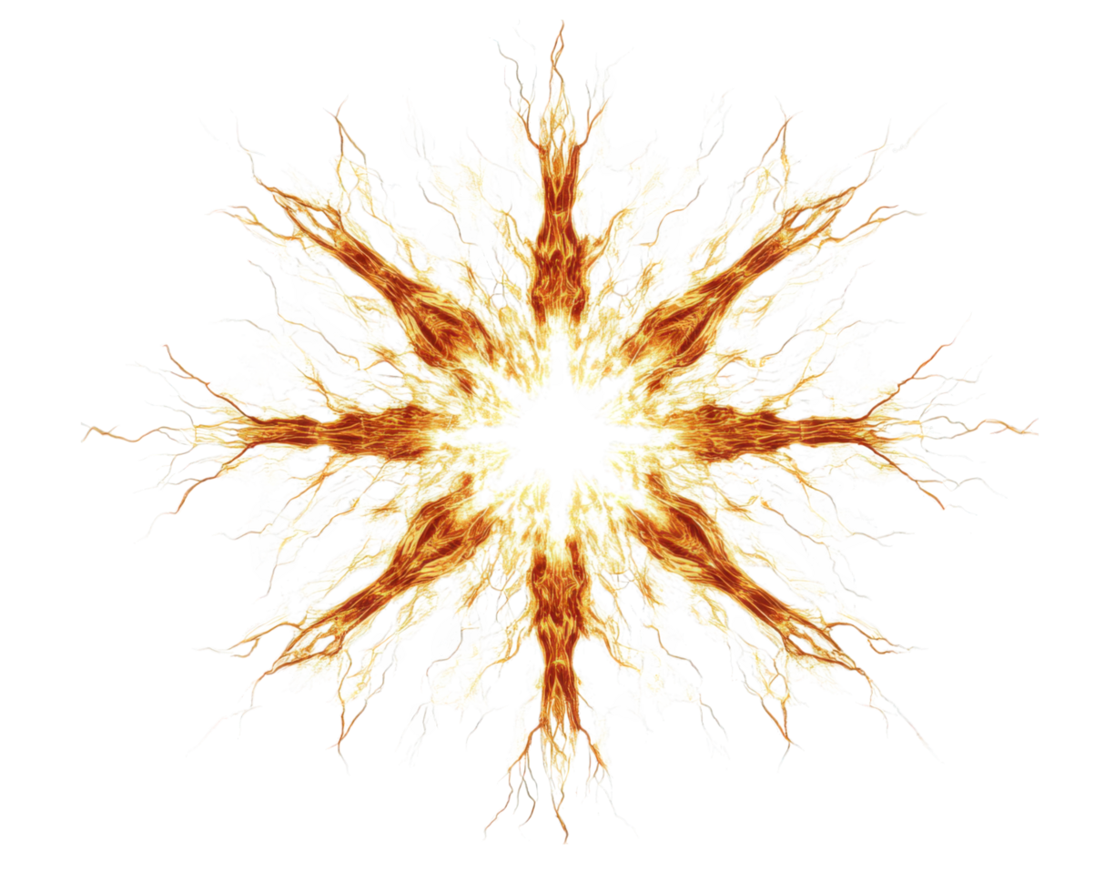 Multiple lightning bolts converging at central point, creating striking visual effect. dynamic energy and vibrant colors evoke sense of power and intensity png