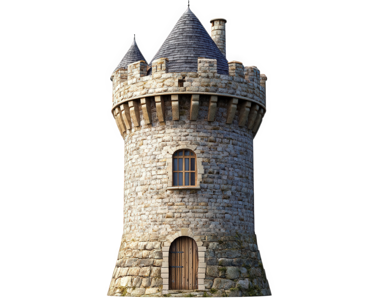 A stone tower with a door and windows png