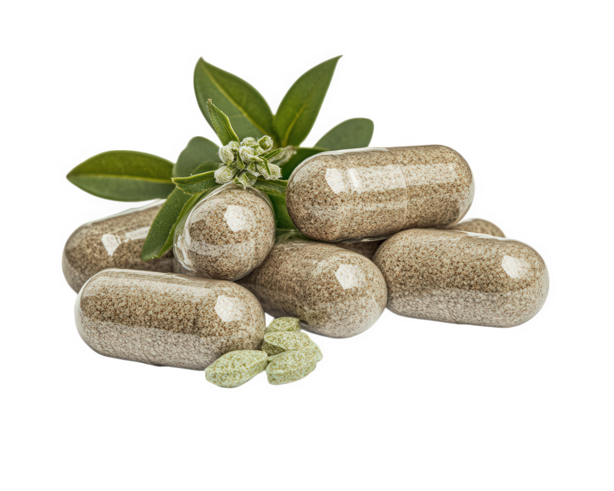 A pile of pills with leaves on top png