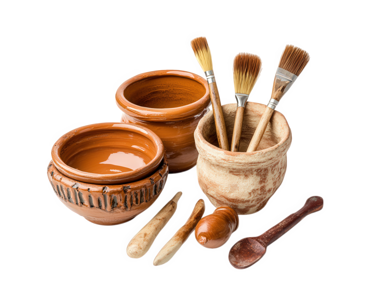 Pottery and brushes on a black background png
