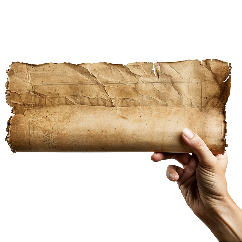 A Hand Holding an Ancient Rolled Parchment or Manuscript with Burned Edges png