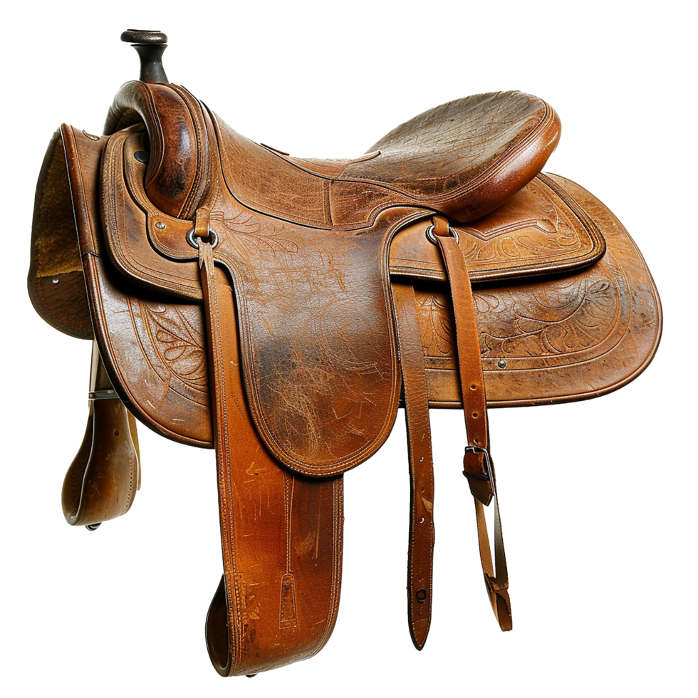 Antique Western Leather Saddle with Intricate Tooled Design and Worn Leather png