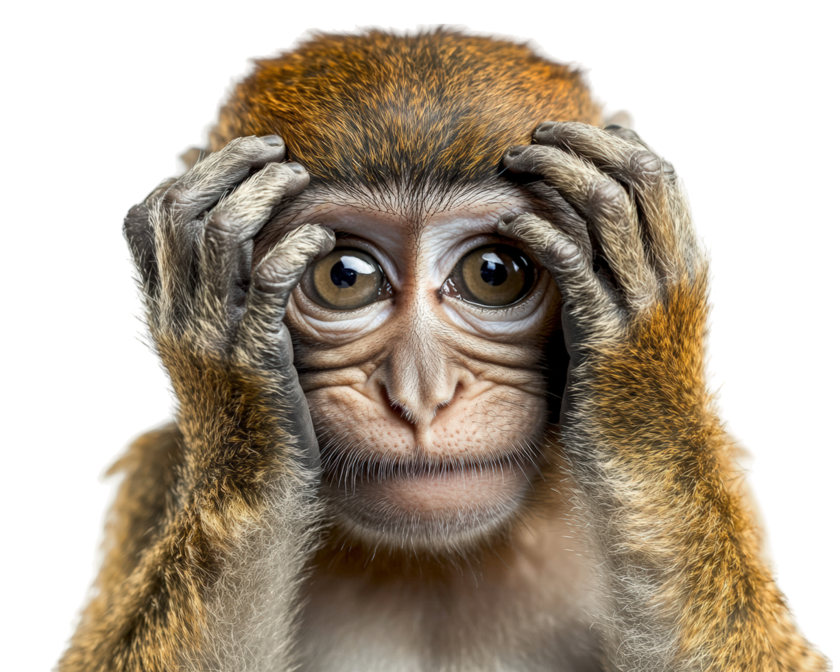 A monkey is holding his hands over his face png
