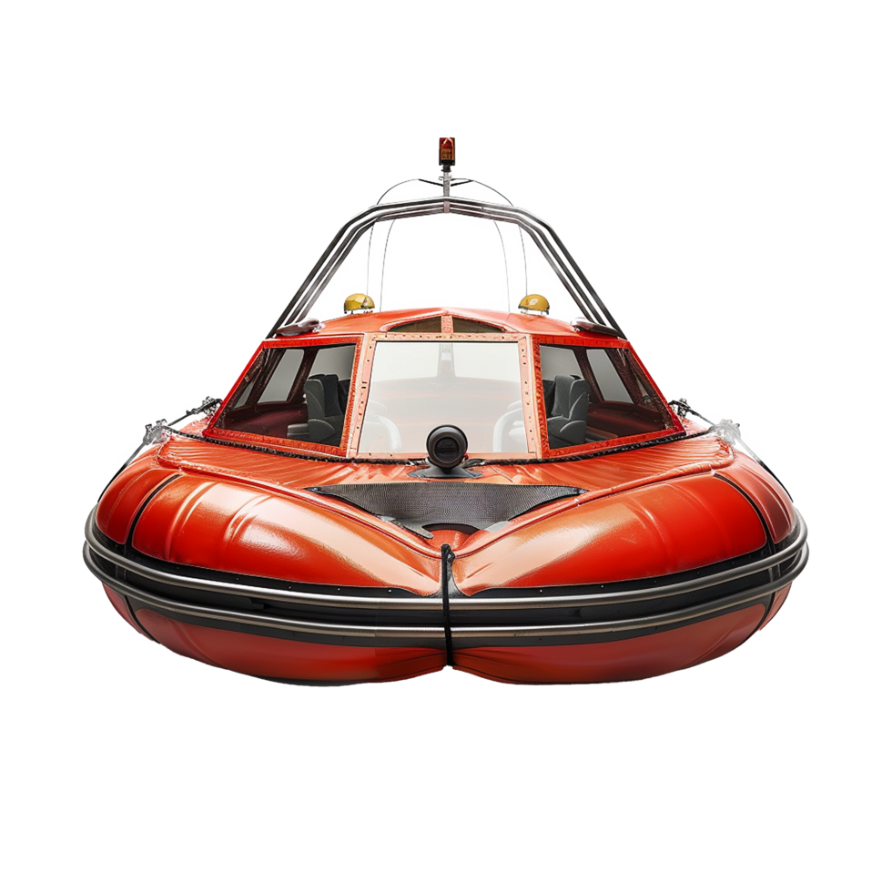 Front View of a Modern Orange Lifeboat with Safety Features png