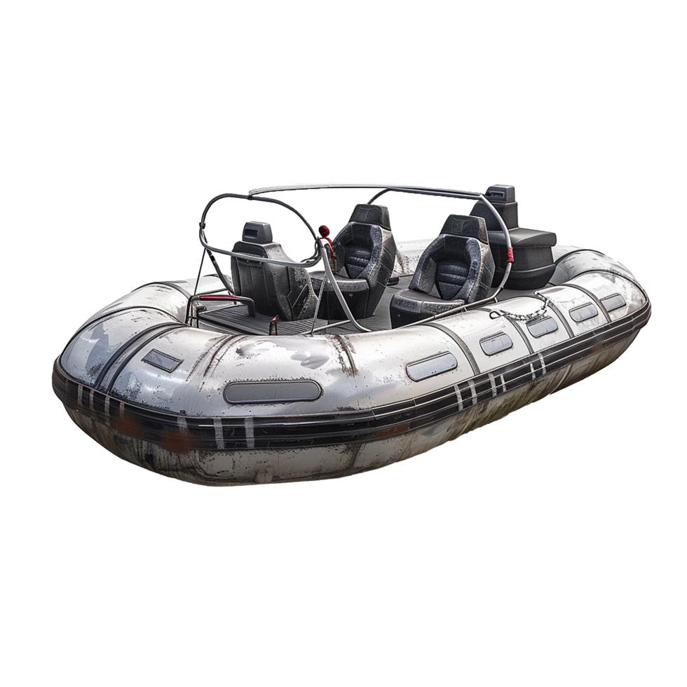 Weathered White and Gray FourSeater Inflatable Rigid Hull Boat with Roll Bar png