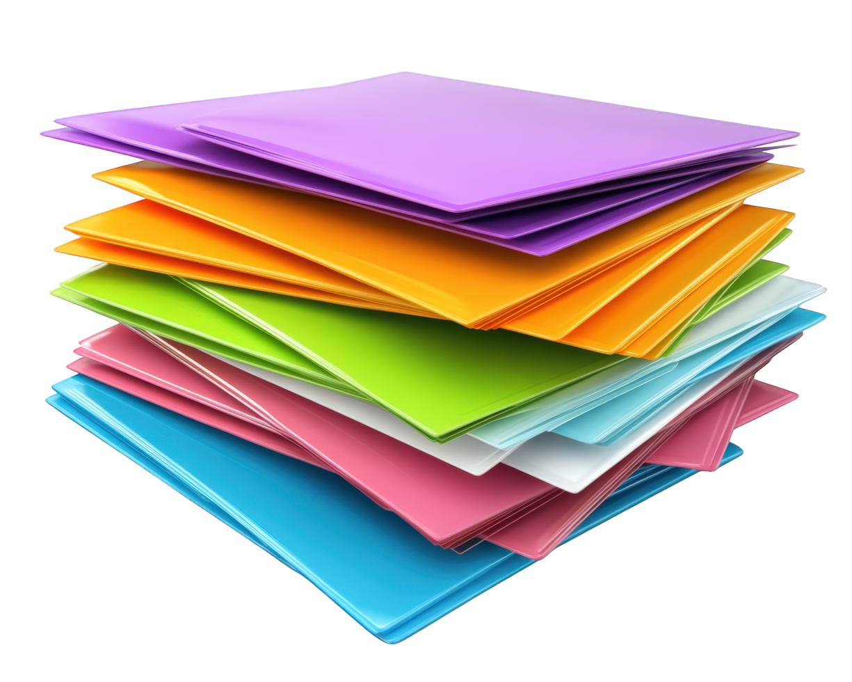 A stack of colorful paper files on a black background png