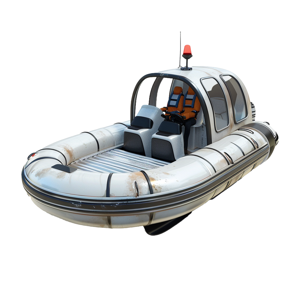 Futuristic Enclosed Rigid Inflatable Boat with Orange Life Jackets and Red Beacon Light png