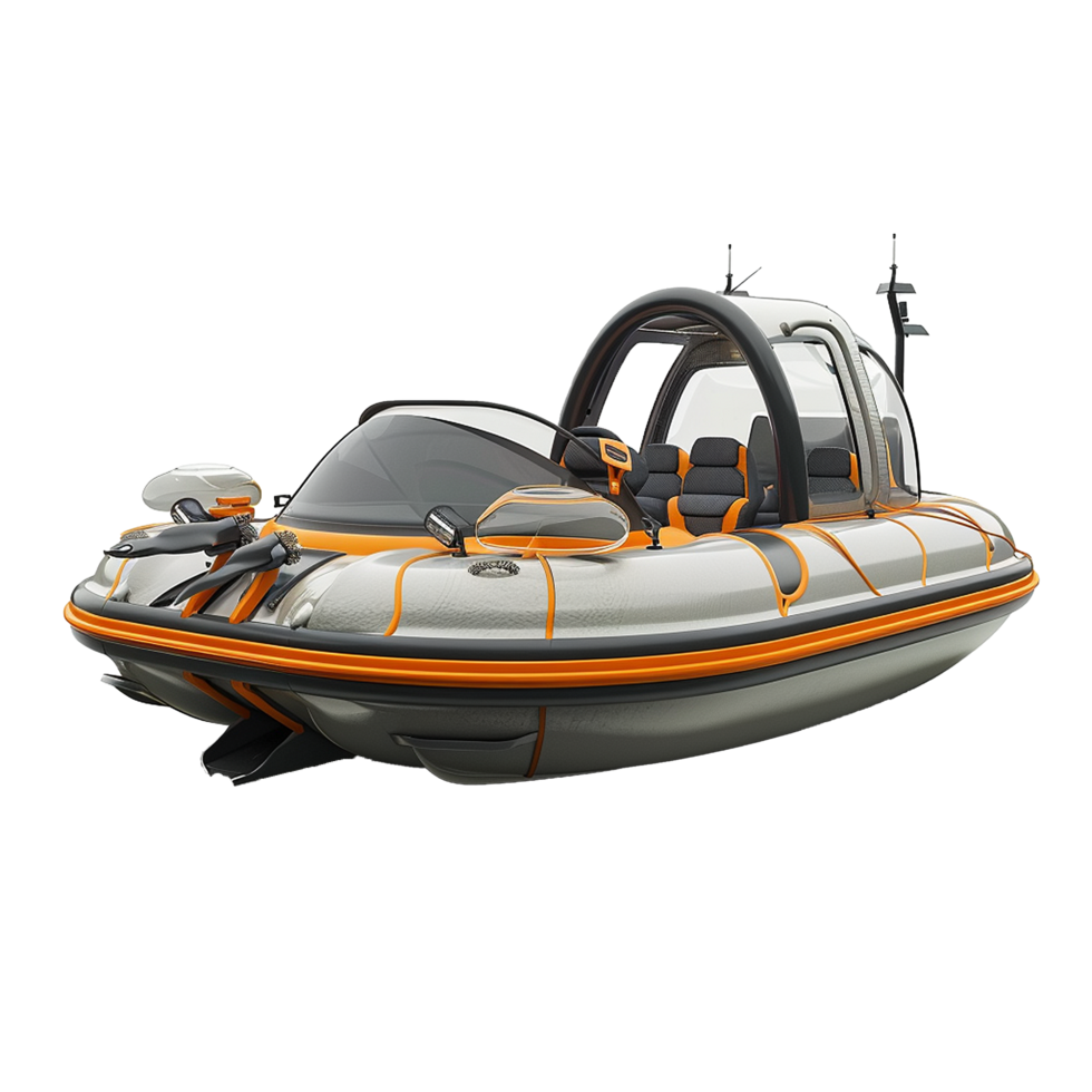 Luxury HighPerformance Enclosed Boat with Orange Accents and Sleek Design png