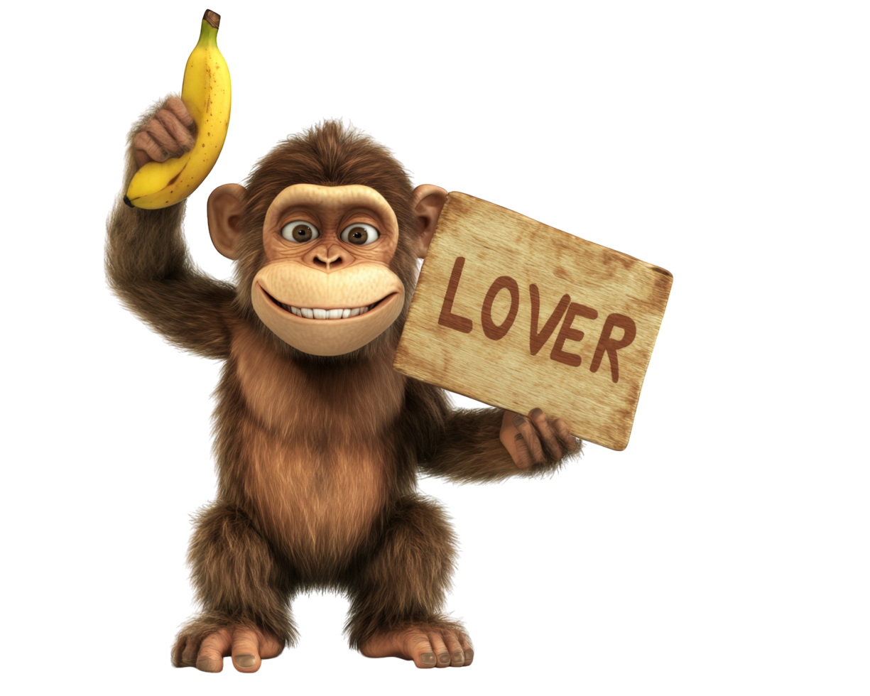 Monkey holding a banana and a sign that says lover png